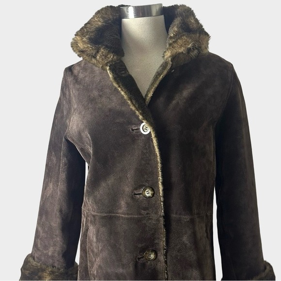 VTG Chocolate Brown Suede Leather Faux Fur Penny Lane Coat Medium Petite 70s - Picture 6 of 15